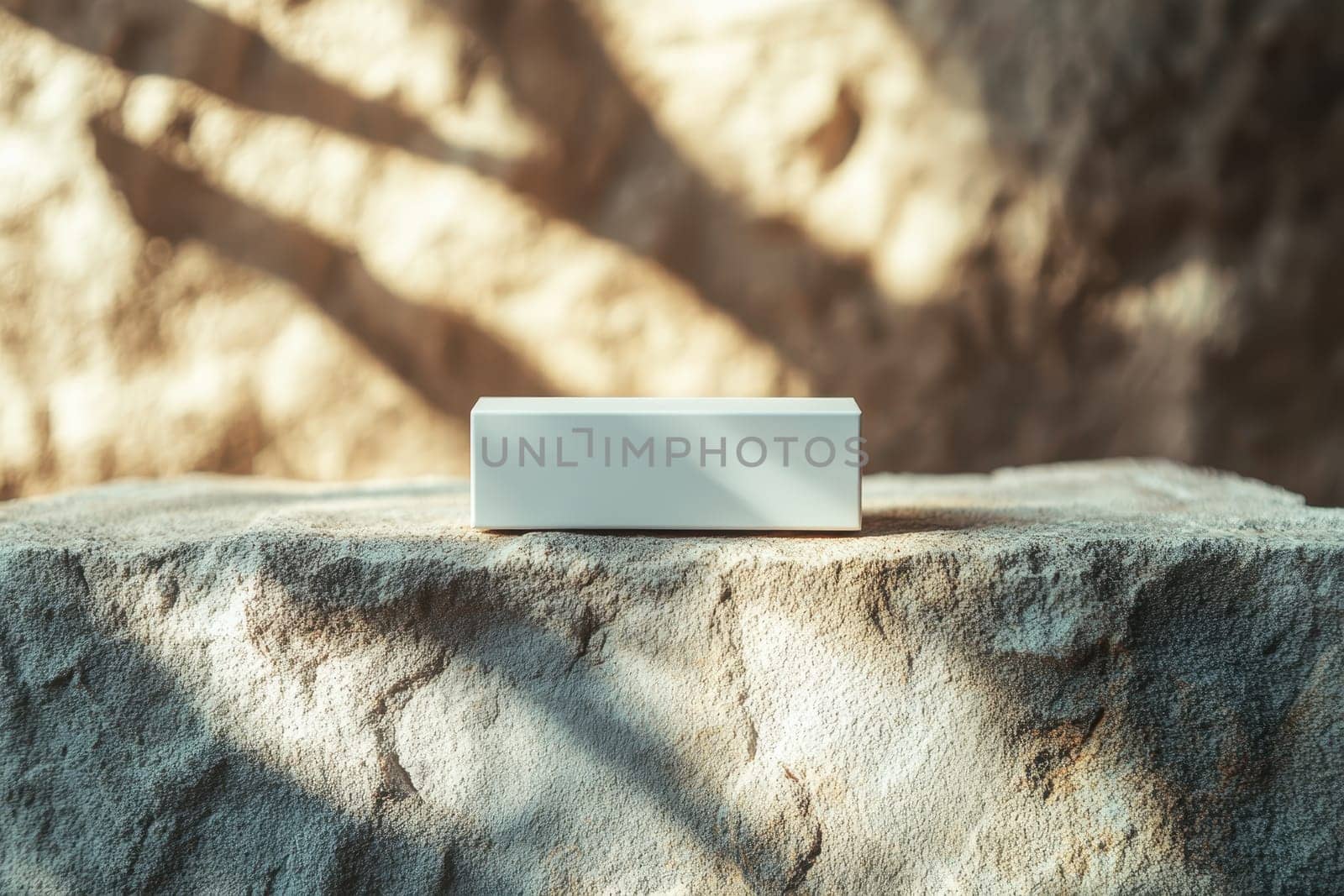 A white box is sitting on a stone ledge. The box is empty and the stone ledge is rough and uneven. The scene is simple and unadorned, with the focus on the box itself