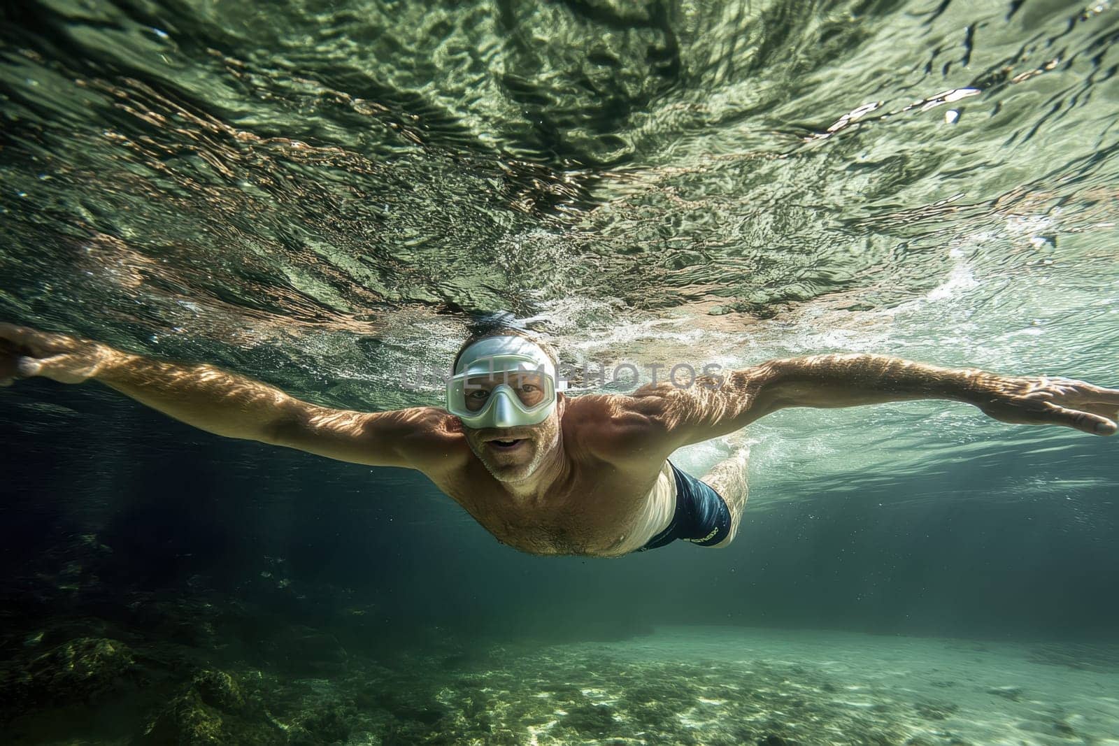 A man is swimming in the ocean wearing a mask. The water is clear and calm. The man is enjoying his time in the water