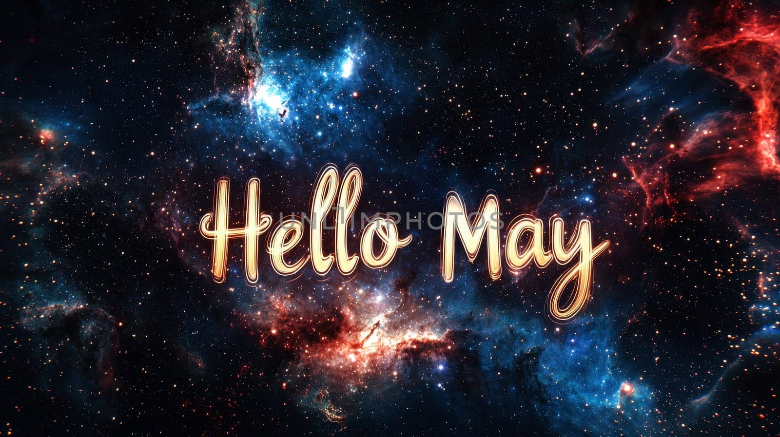 Hello May text isolated on set against a breathtaking cosmic nebula background ..