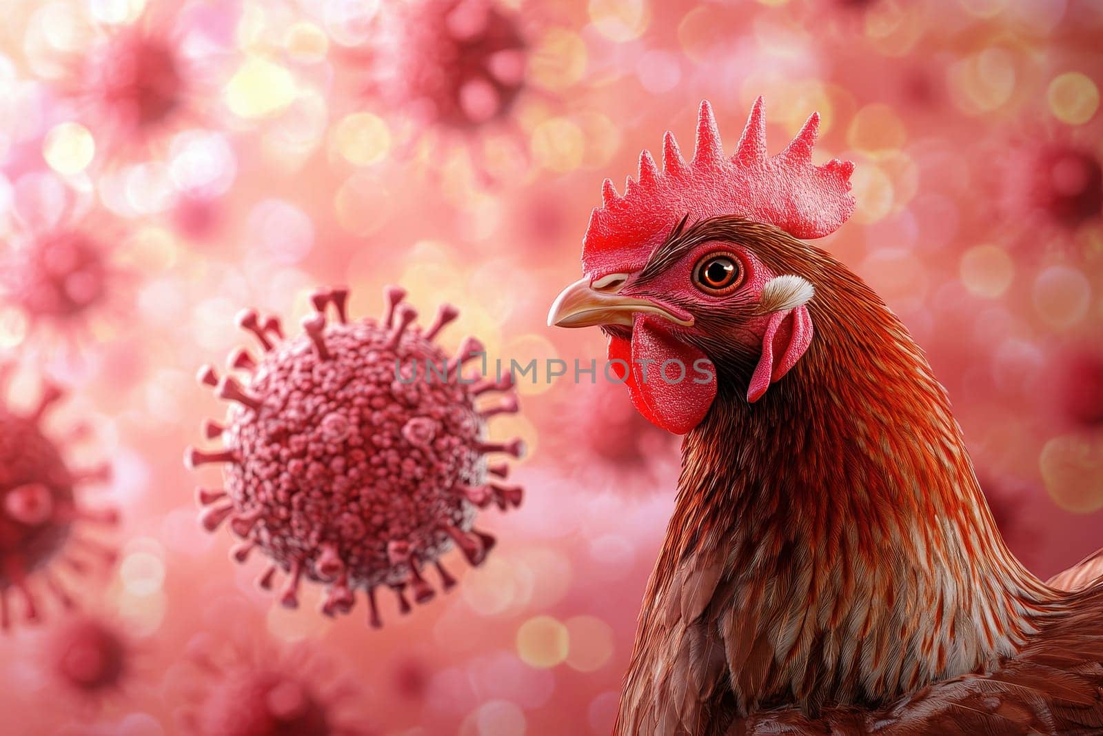 A chicken is standing in front of a red virus paritcle..