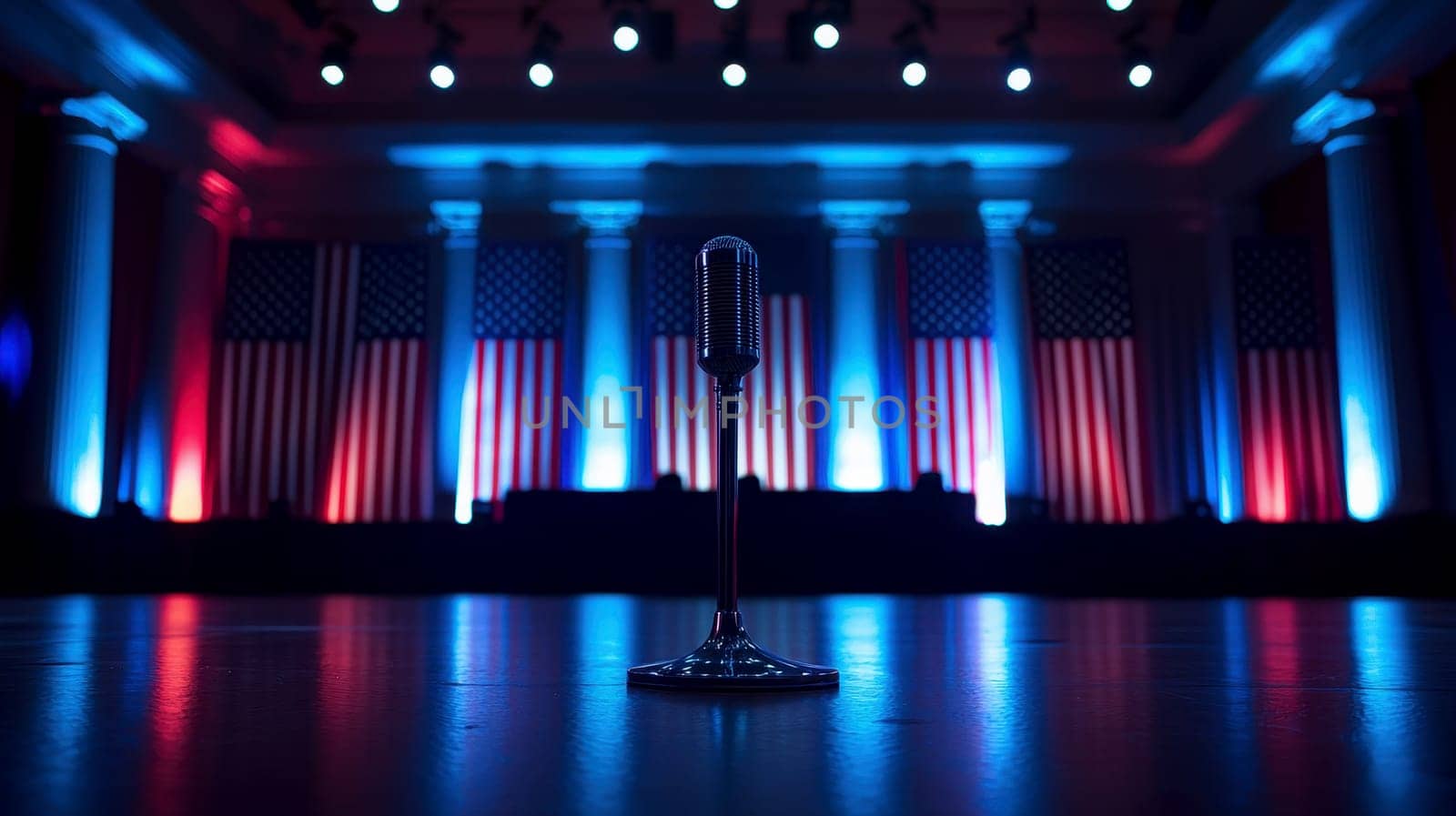 Pulpit with microphones and USA flag in the background, pulpit, microphones, USA flag, podium, speech..