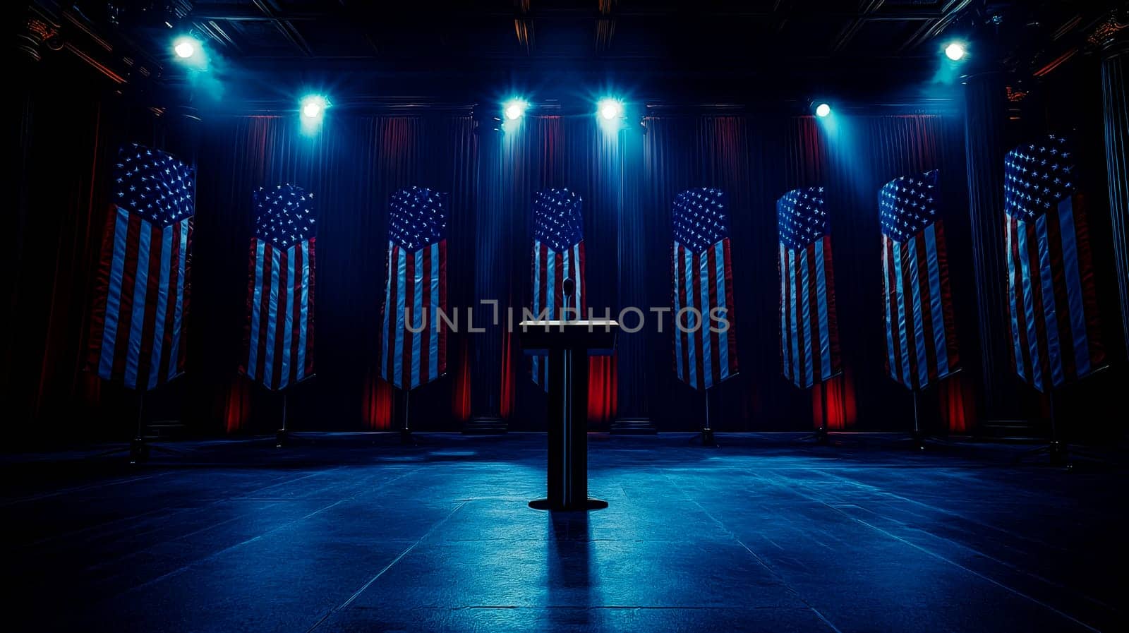 Pulpit with microphones and USA flag in the background, pulpit, microphones, USA flag, podium, speech..