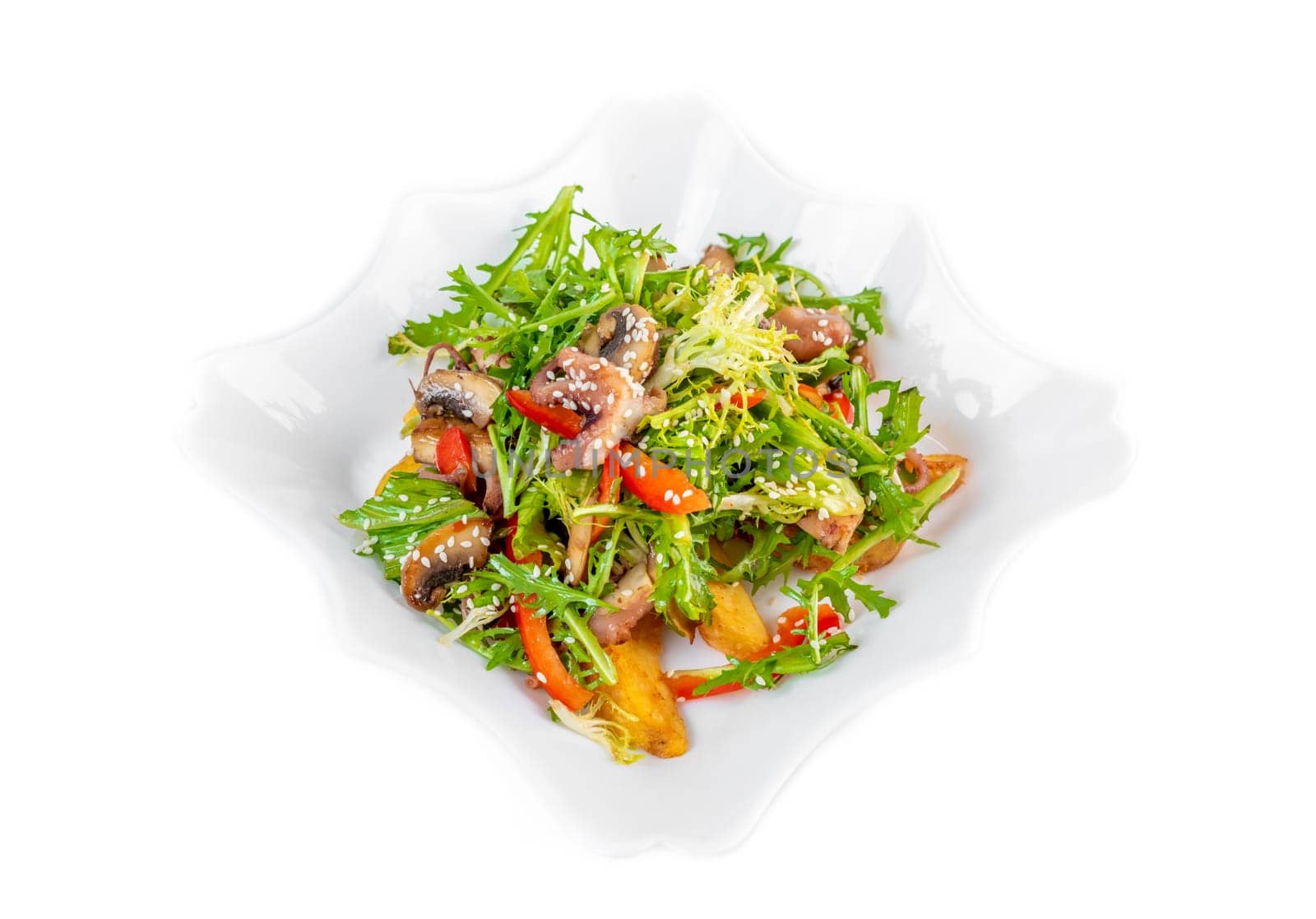 Fresh salad with seafood, baked potato and vegetables on white plate on white background
