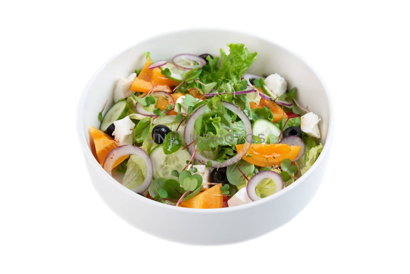 Greek salad salad with onion, pepper, cucumber and olives