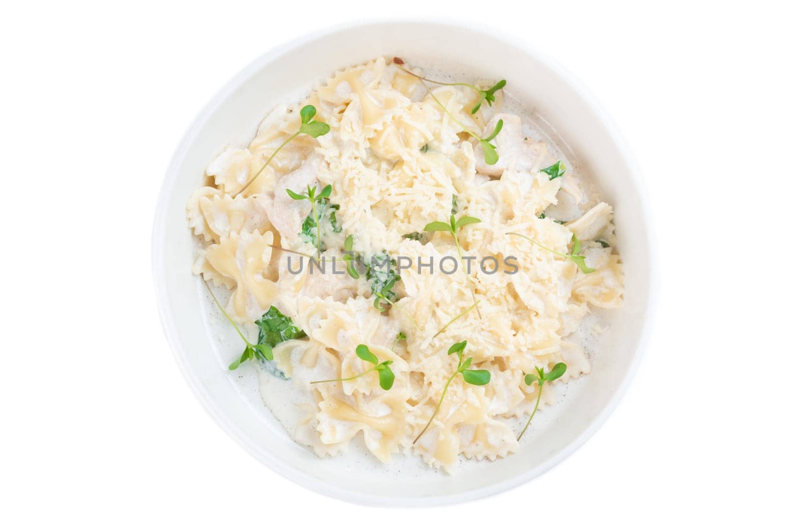 Fettuccine Alfredo or fettuccine al burro on white background for menu top view