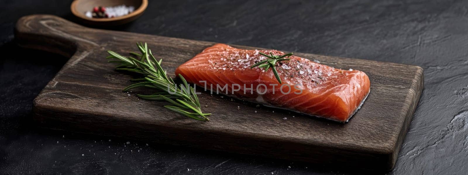 Raw salmon fillet with herbs and spices on a wooden board, Generative AI, food