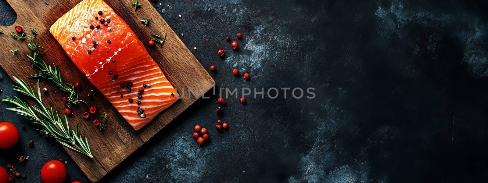 Raw salmon fillet with herbs and spices on a wooden board, Generative AI, food