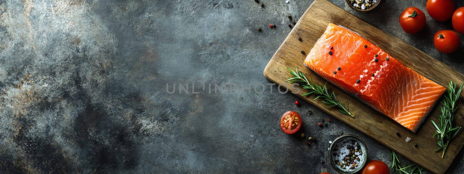 Raw salmon fillet with herbs and spices on a wooden board, Generative AI, food