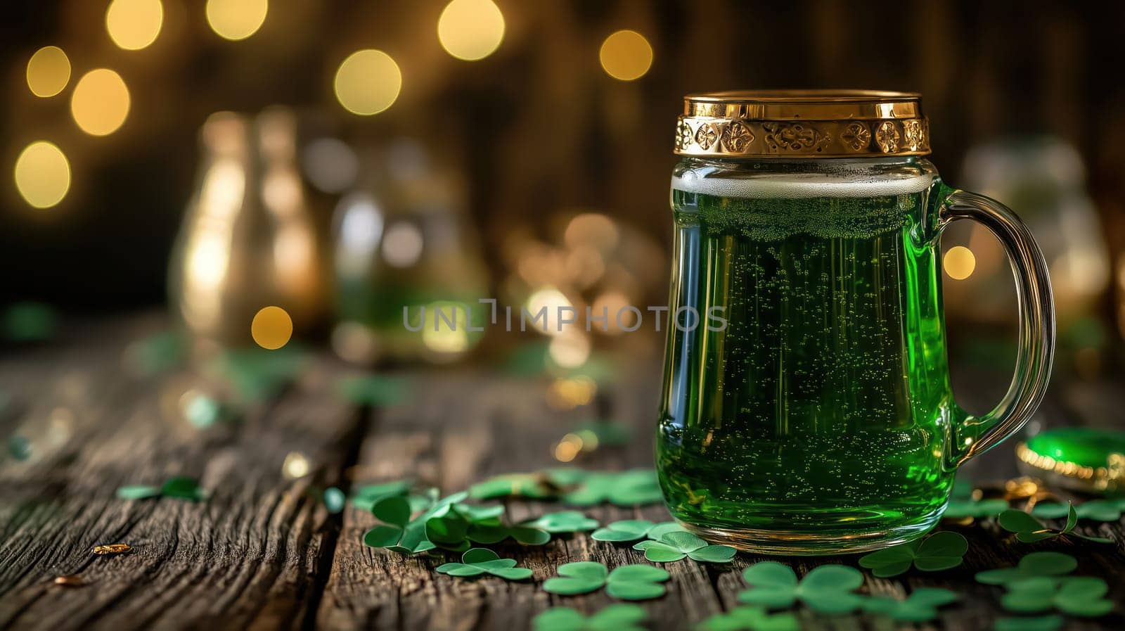 A frothy green beer in a festive mug with gold accents on a rustic wooden table, surrounded by shamrocks for St. Patrick's Day