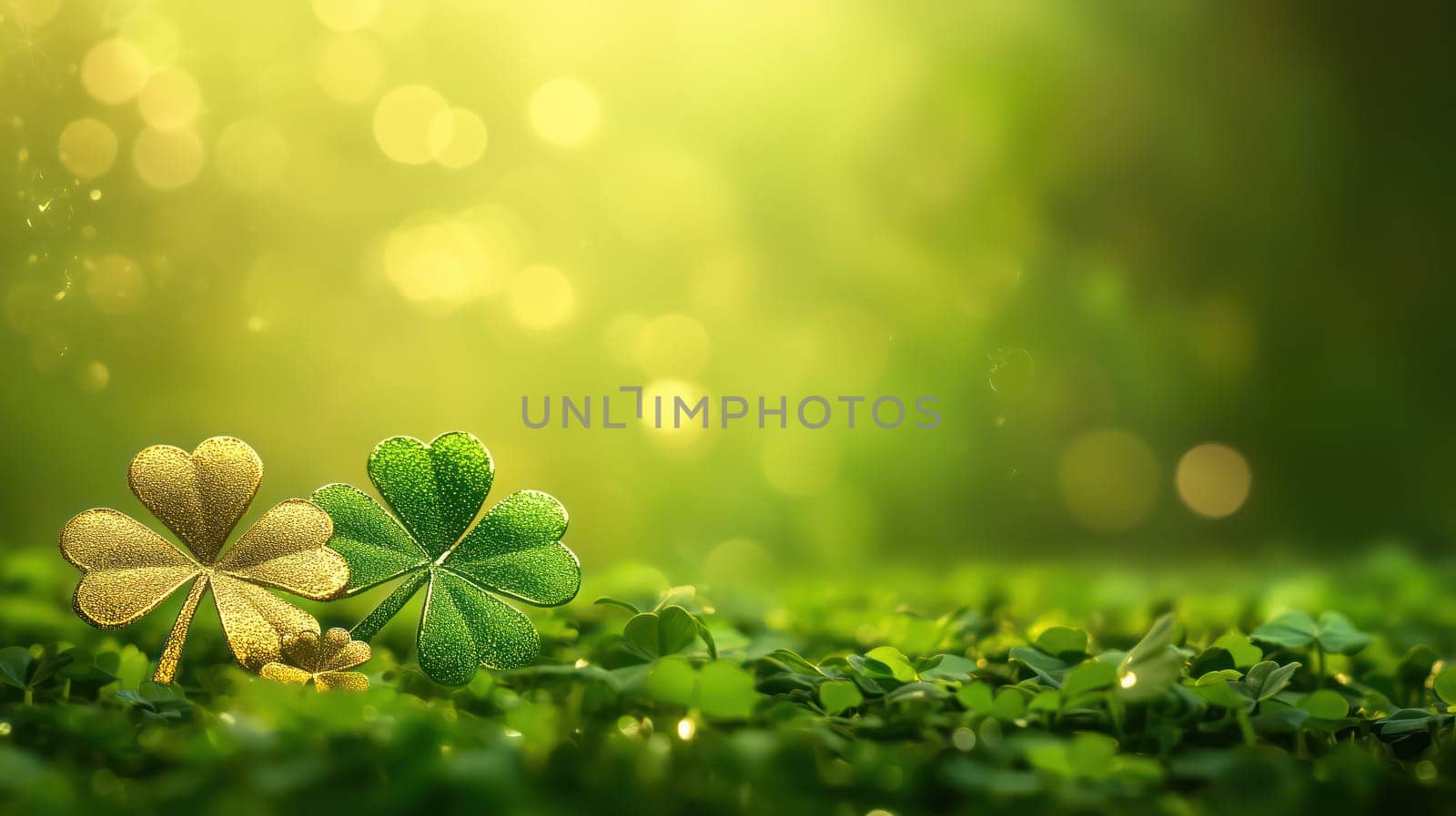 Golden and green shamrocks covered in dew on a lush green background with glowing bokeh, symbolizing St. Patrick's Day