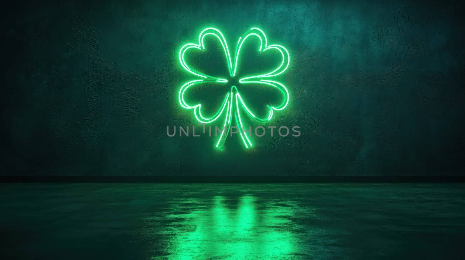 Glowing green neon shamrock sign reflecting on a dark surface, symbolizing Irish culture and St. Patrick's Day celebration
