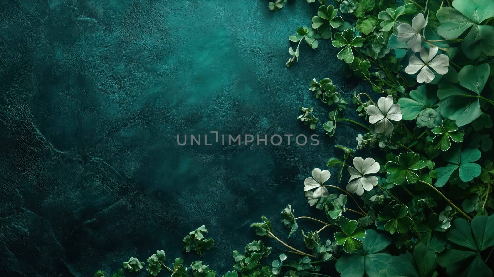 Dark textured background with green and white shamrock leaves, perfect for St. Patrick's Day and festive designs