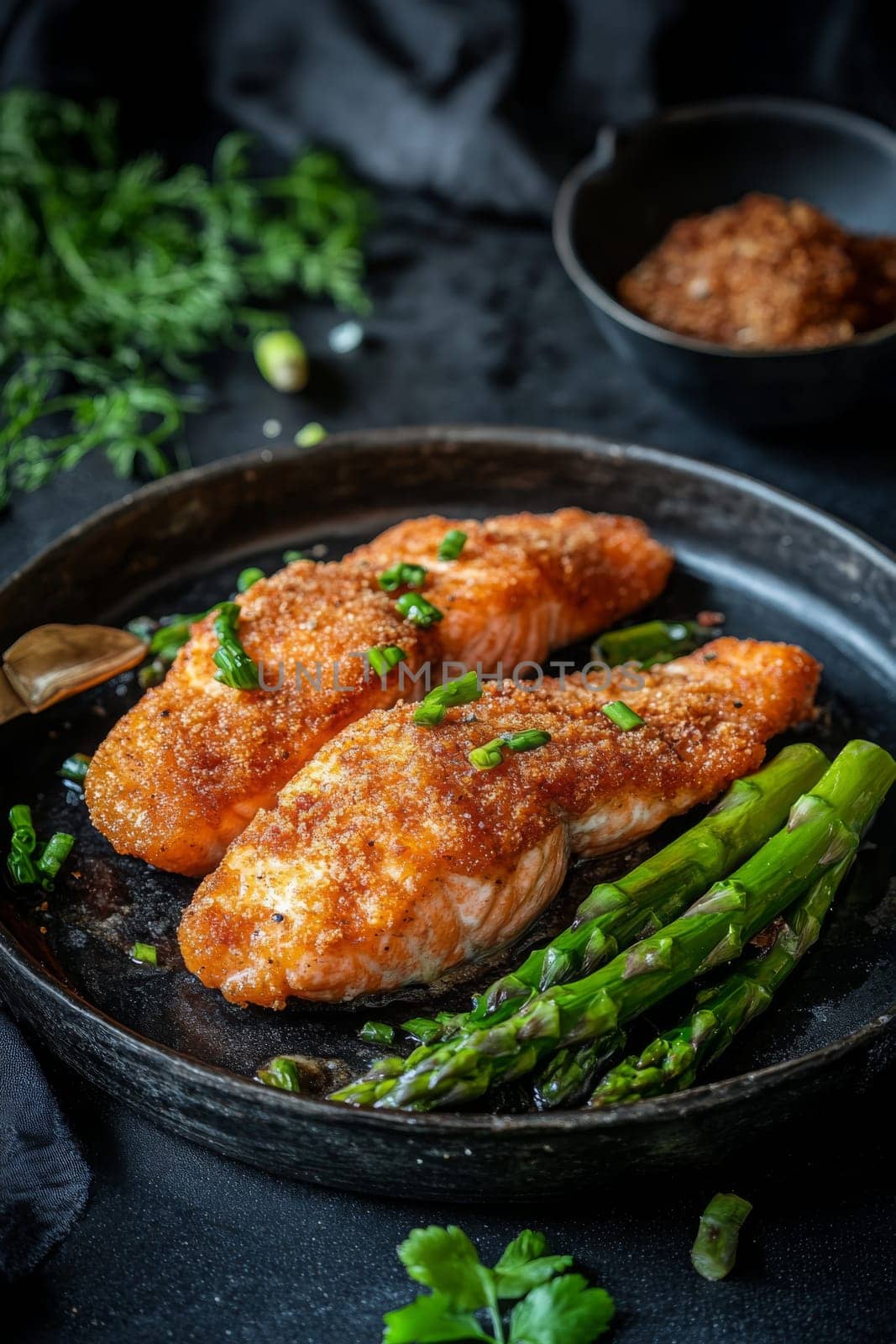fried salmon on a plate, Generative AI, food