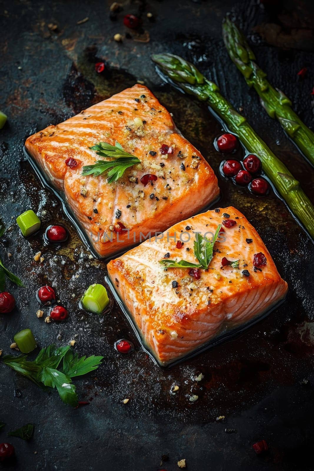 fried salmon on a plate, Generative AI, food