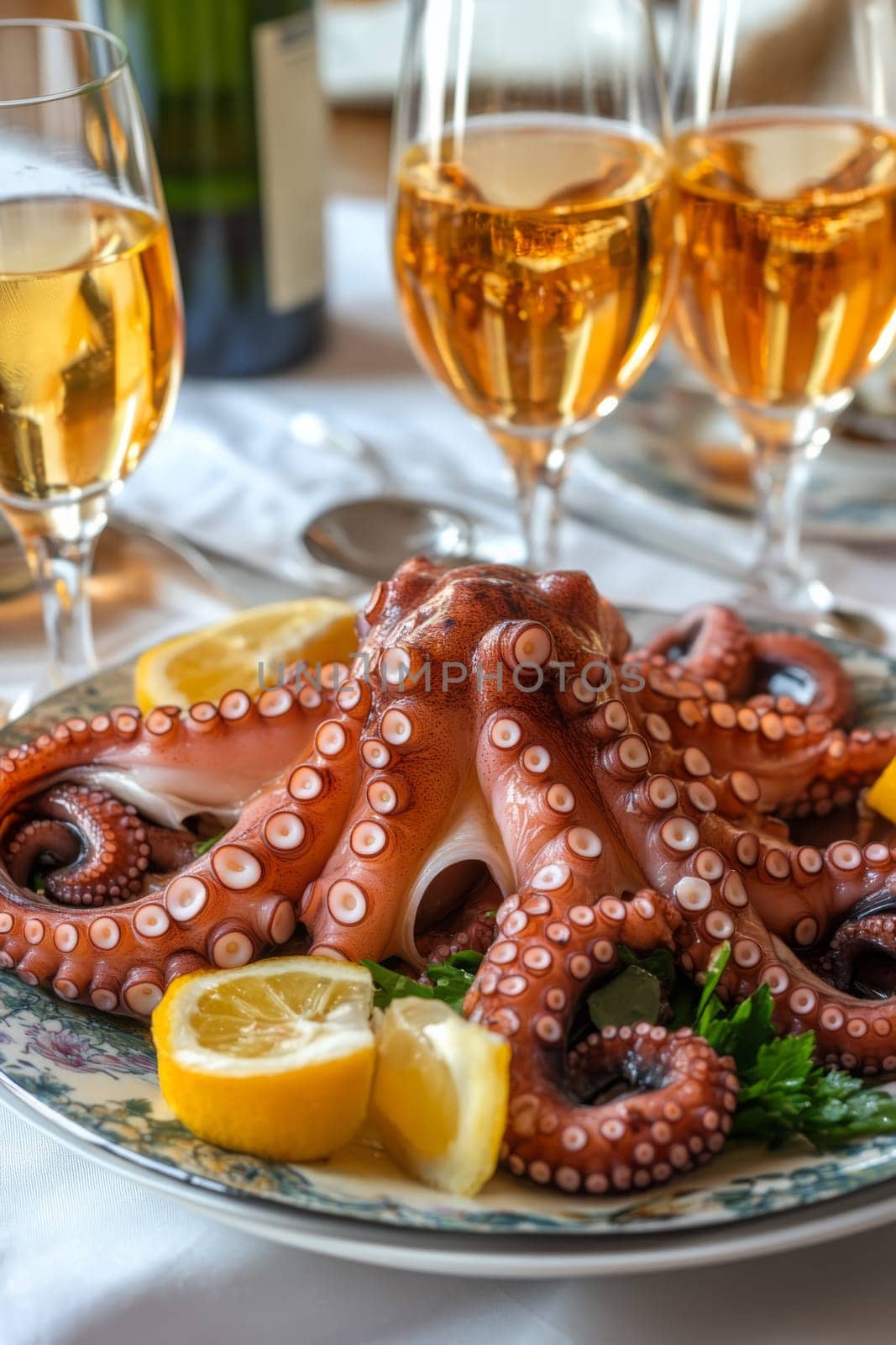 Fried octopus on a plate and a glass of wine. selective focus. Generative AI, food