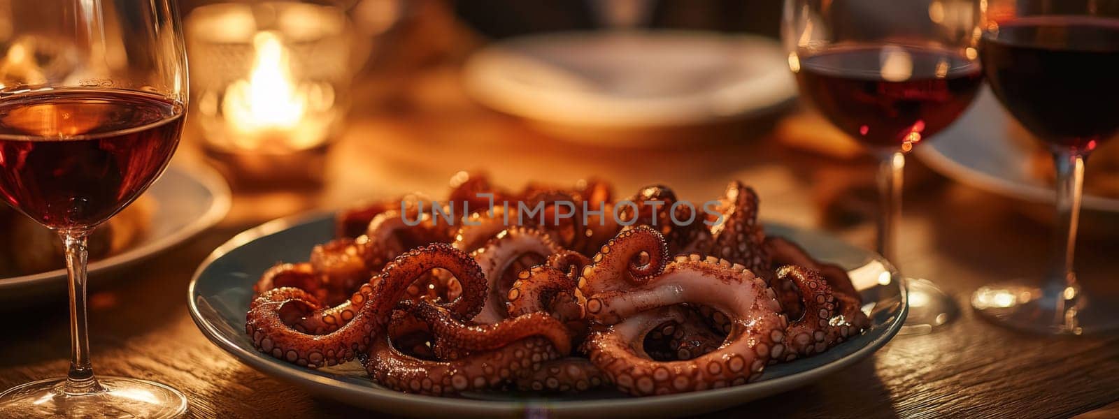 Fried octopus on a plate and a glass of wine. selective focus. Generative AI, food