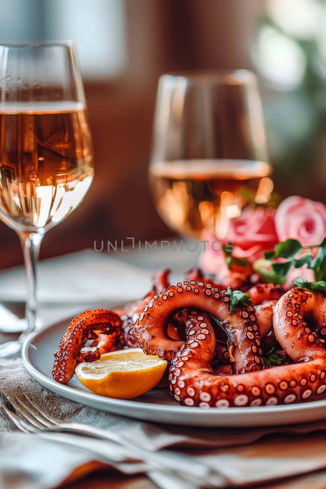 Fried octopus on a plate and a glass of wine. selective focus. Generative AI, food