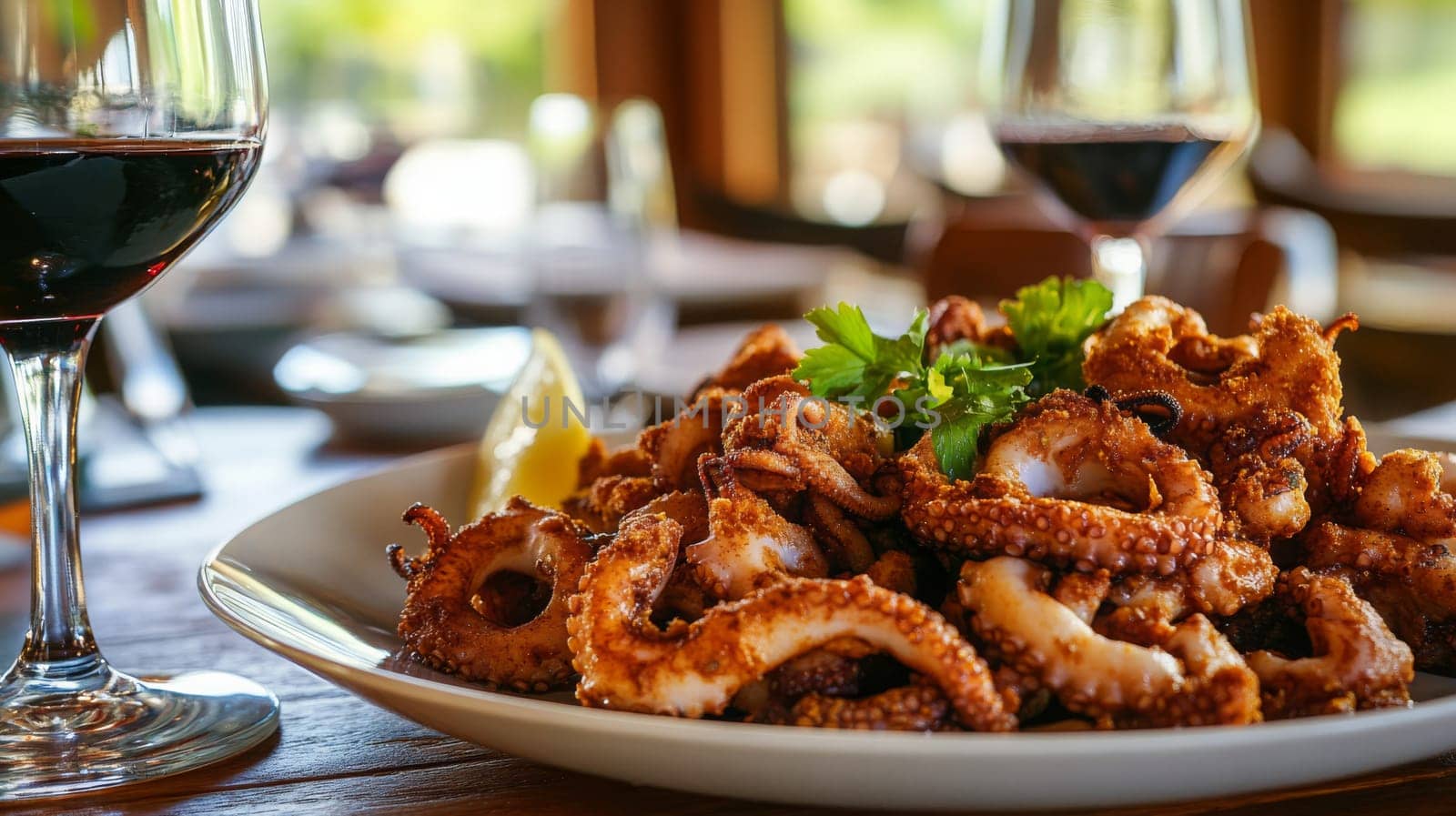 Fried octopus on a plate and a glass of wine. selective focus. Generative AI, food