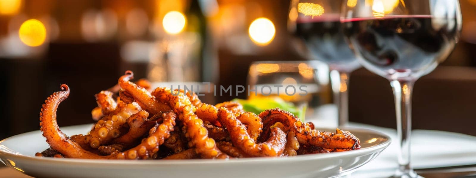Fried octopus on a plate and a glass of wine. selective focus. Generative AI, food