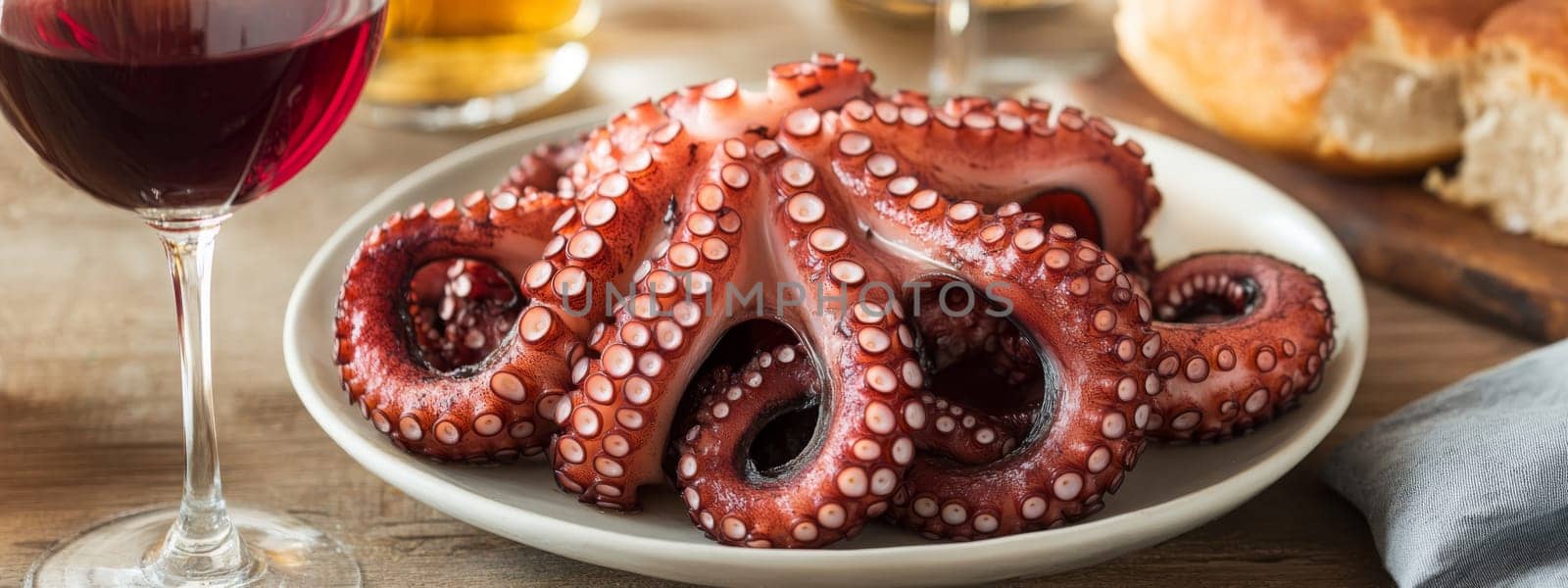 Fried octopus on a plate and a glass of wine. selective focus. Generative AI, food