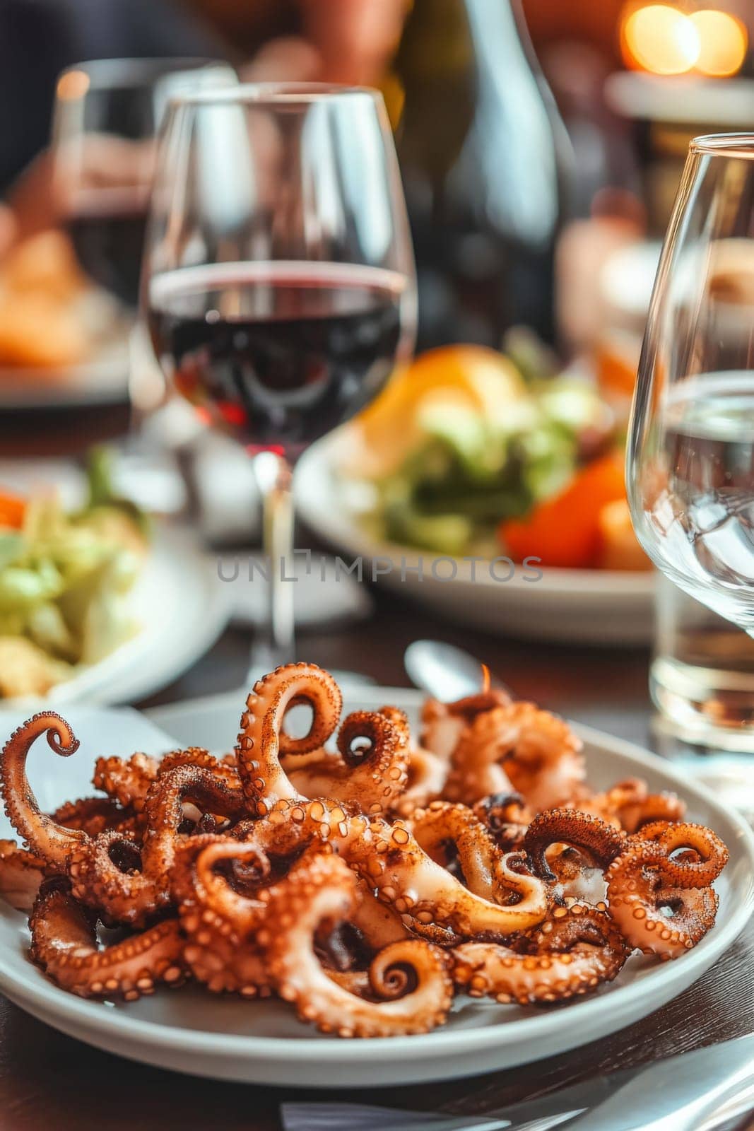 Fried octopus on a plate and a glass of wine. selective focus. Generative AI, food