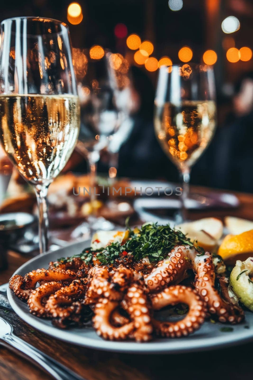 Fried octopus on a plate and a glass of wine. selective focus. Generative AI, food