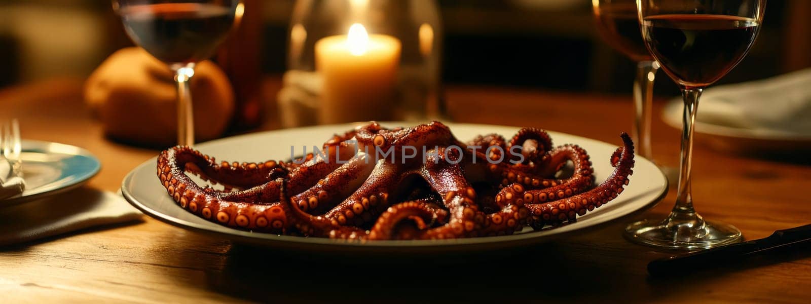 Fried octopus on a plate and a glass of wine. selective focus. Generative AI, food