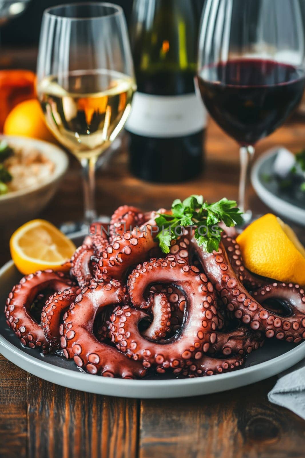 Fried octopus on a plate and a glass of wine. selective focus. Generative AI, food