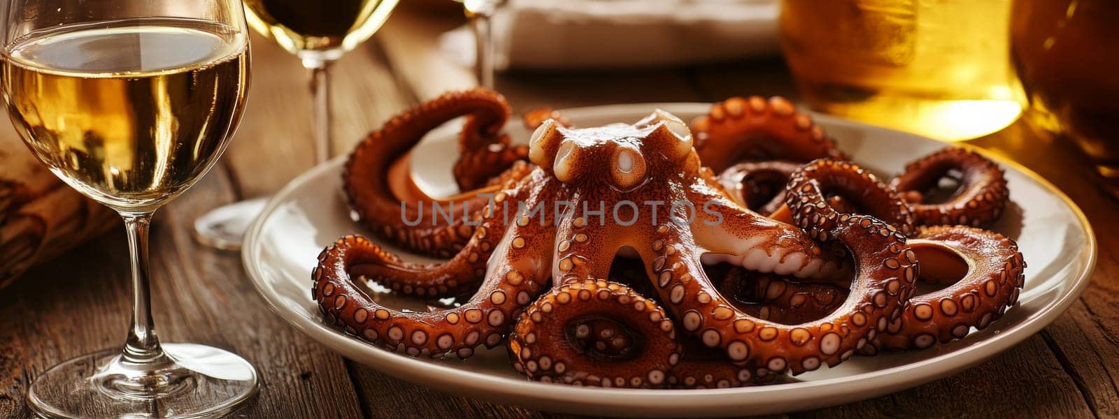 Fried octopus on a plate and a glass of wine. selective focus. Generative AI, food