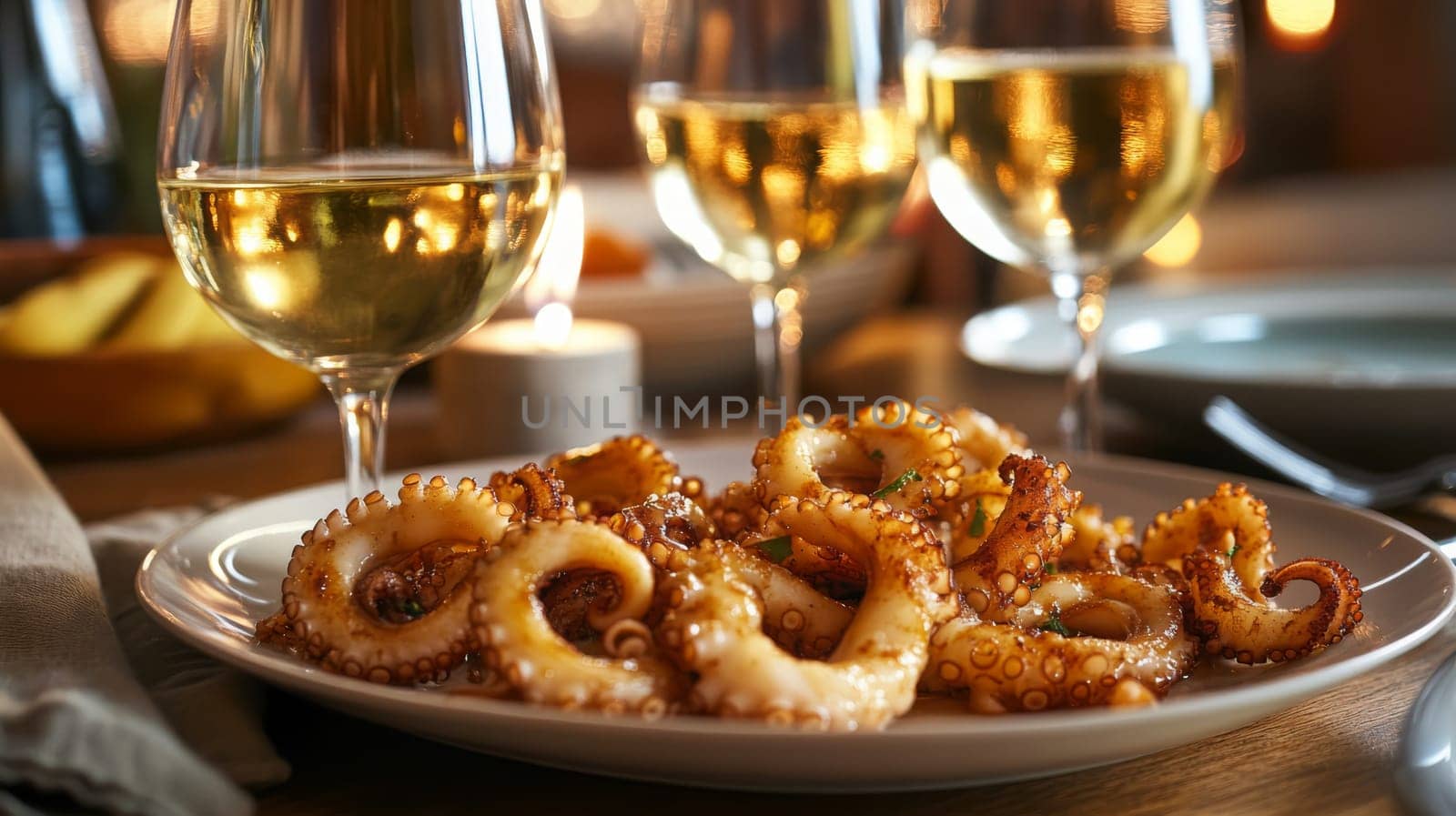 Fried octopus on a plate and a glass of wine. selective focus. Generative AI, food