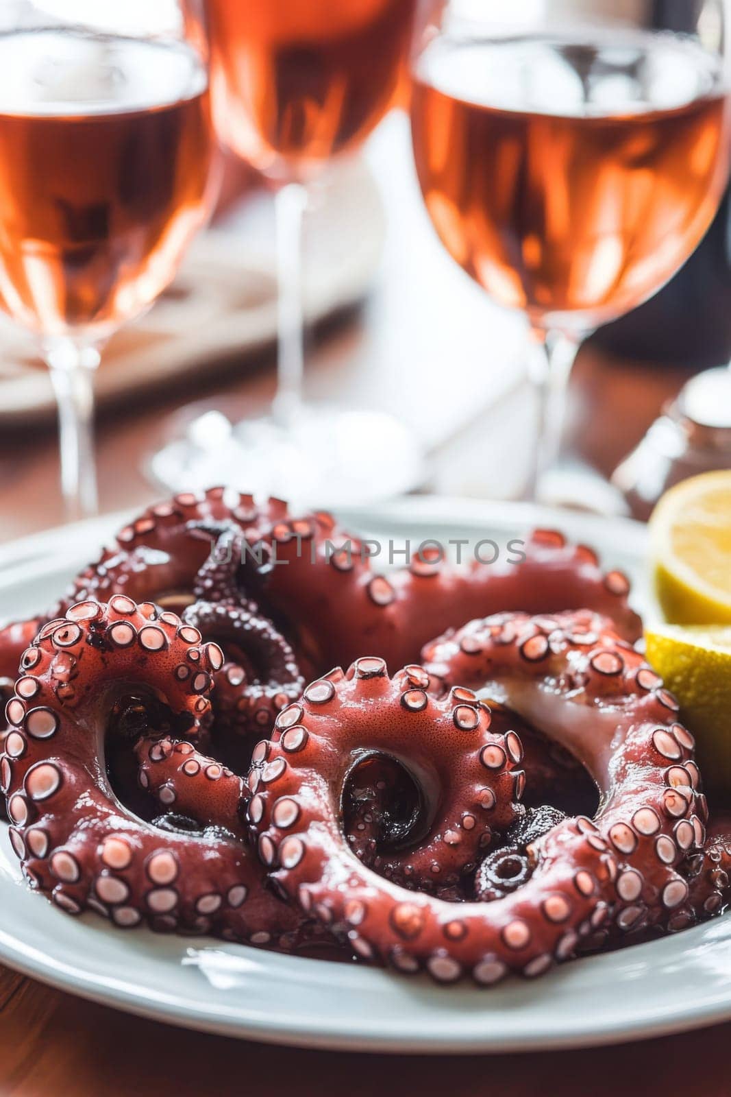 Fried octopus on a plate and a glass of wine. selective focus. Generative AI, food
