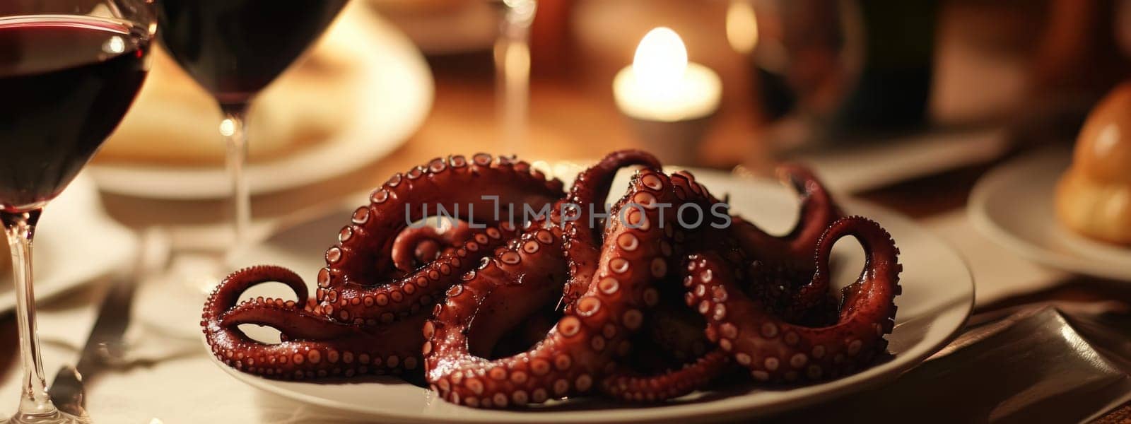 Fried octopus on a plate and a glass of wine. selective focus. Generative AI, food