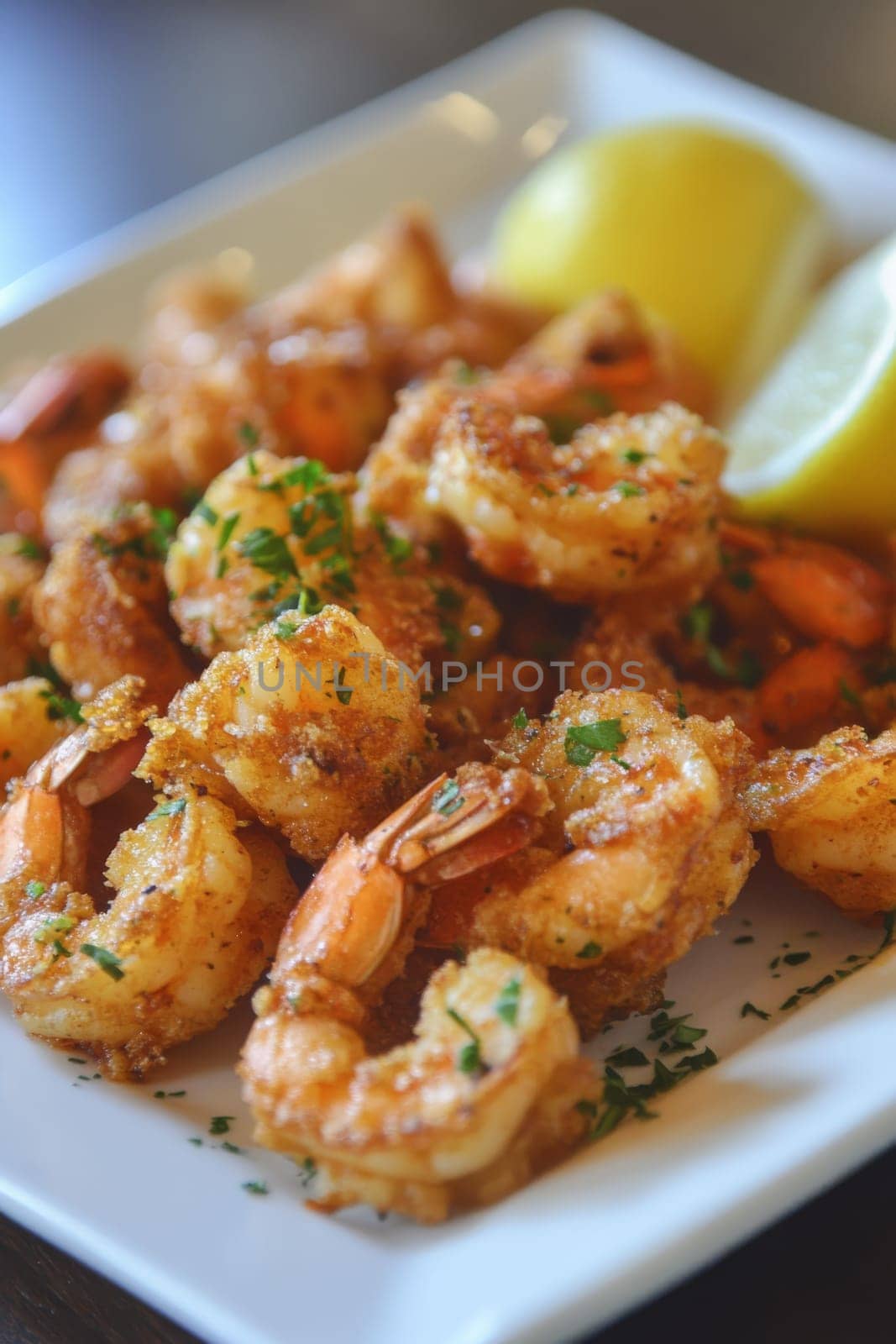 Fried shrimps on a plate with vegetables, Generative AI, food