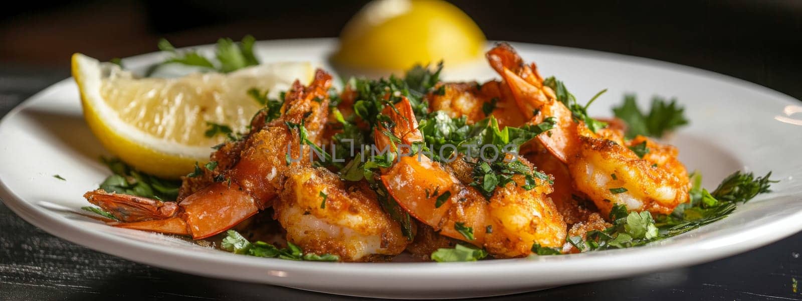 Fried shrimps on a plate with vegetables, Generative AI, food