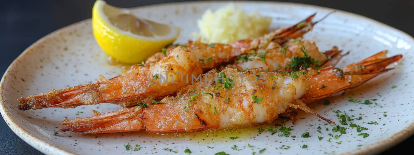 Fried shrimps on a plate with vegetables, Generative AI, food