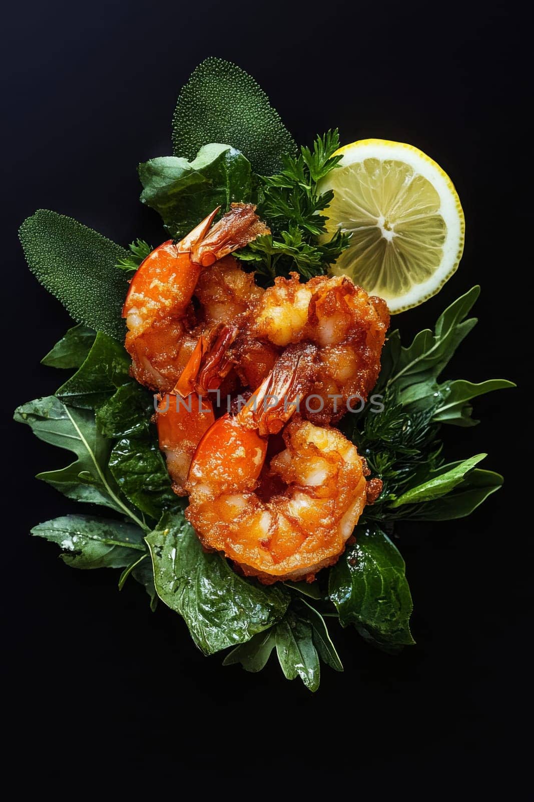 Fried shrimps on a plate with vegetables, Generative AI, food
