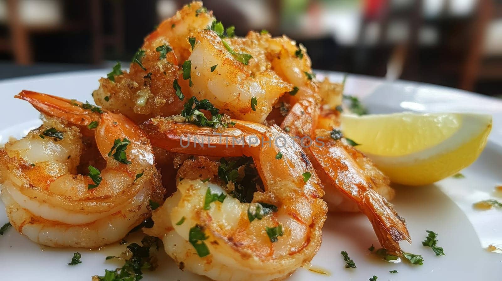 Fried shrimps on a plate with vegetables, Generative AI, food