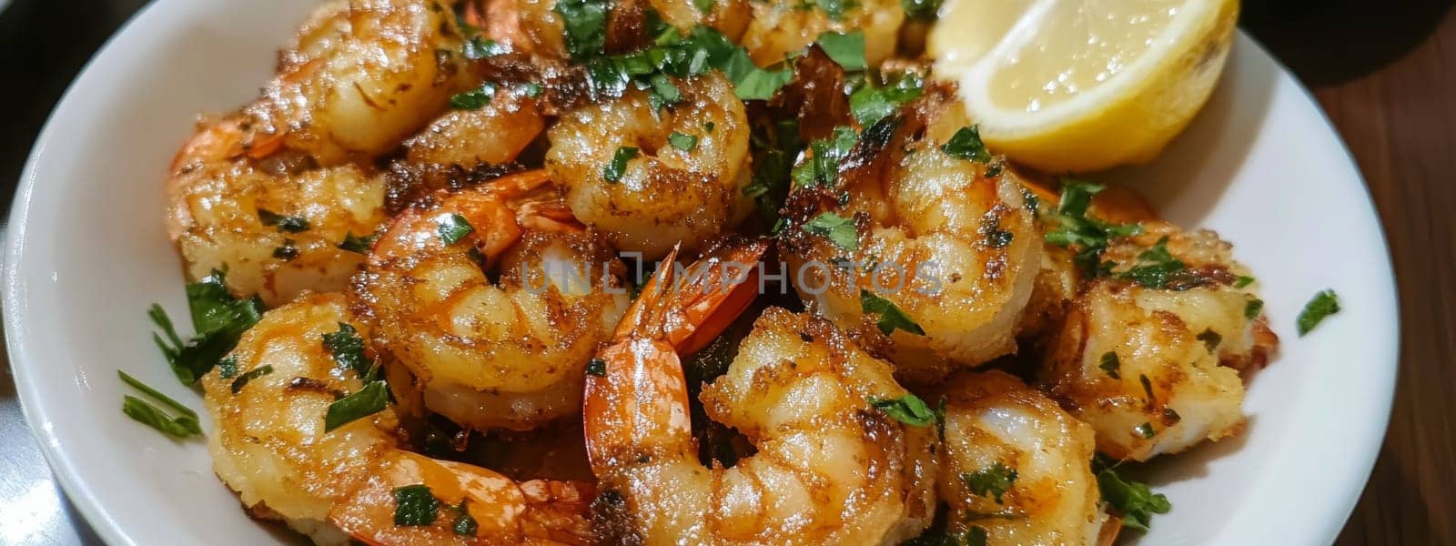 Fried shrimps on a plate with vegetables, Generative AI, food