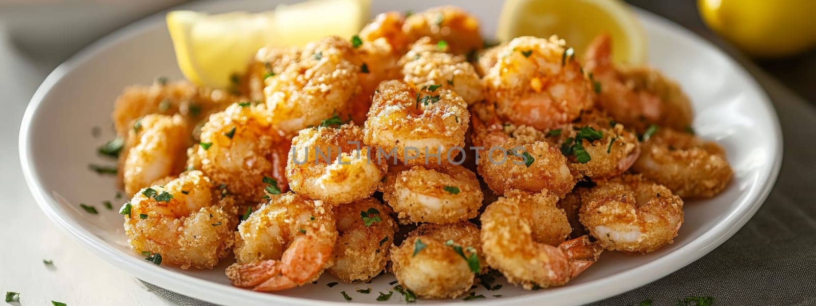 Fried shrimps on a plate with vegetables, Generative AI, food