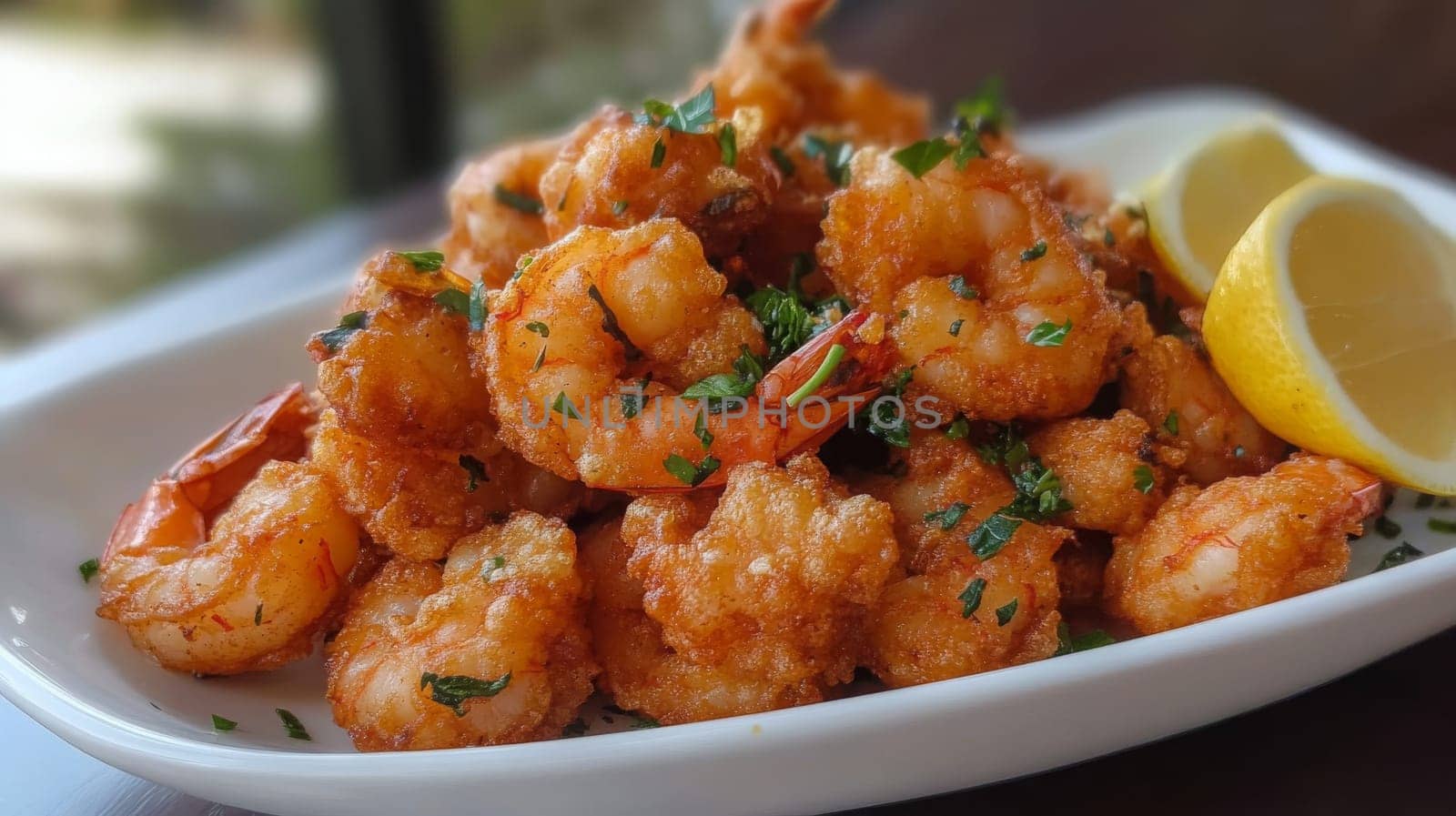 Fried shrimps on a plate with vegetables, Generative AI, food