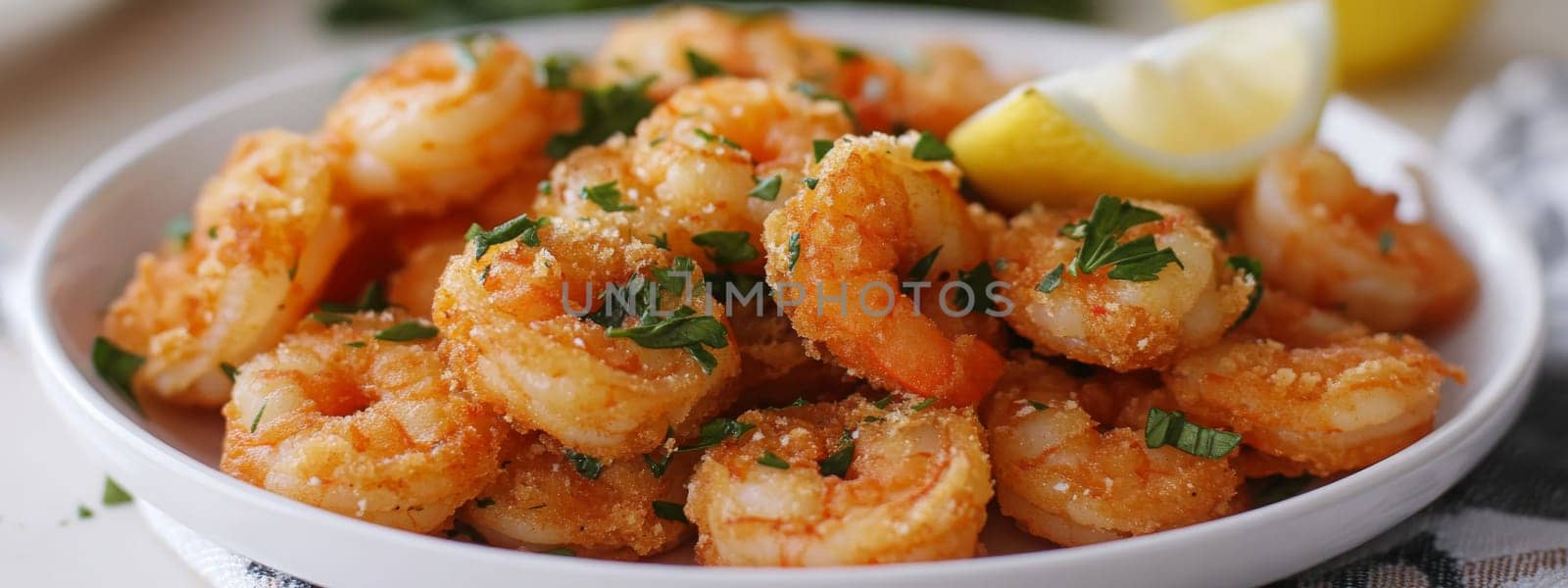 Fried shrimps on a plate with vegetables, Generative AI, food