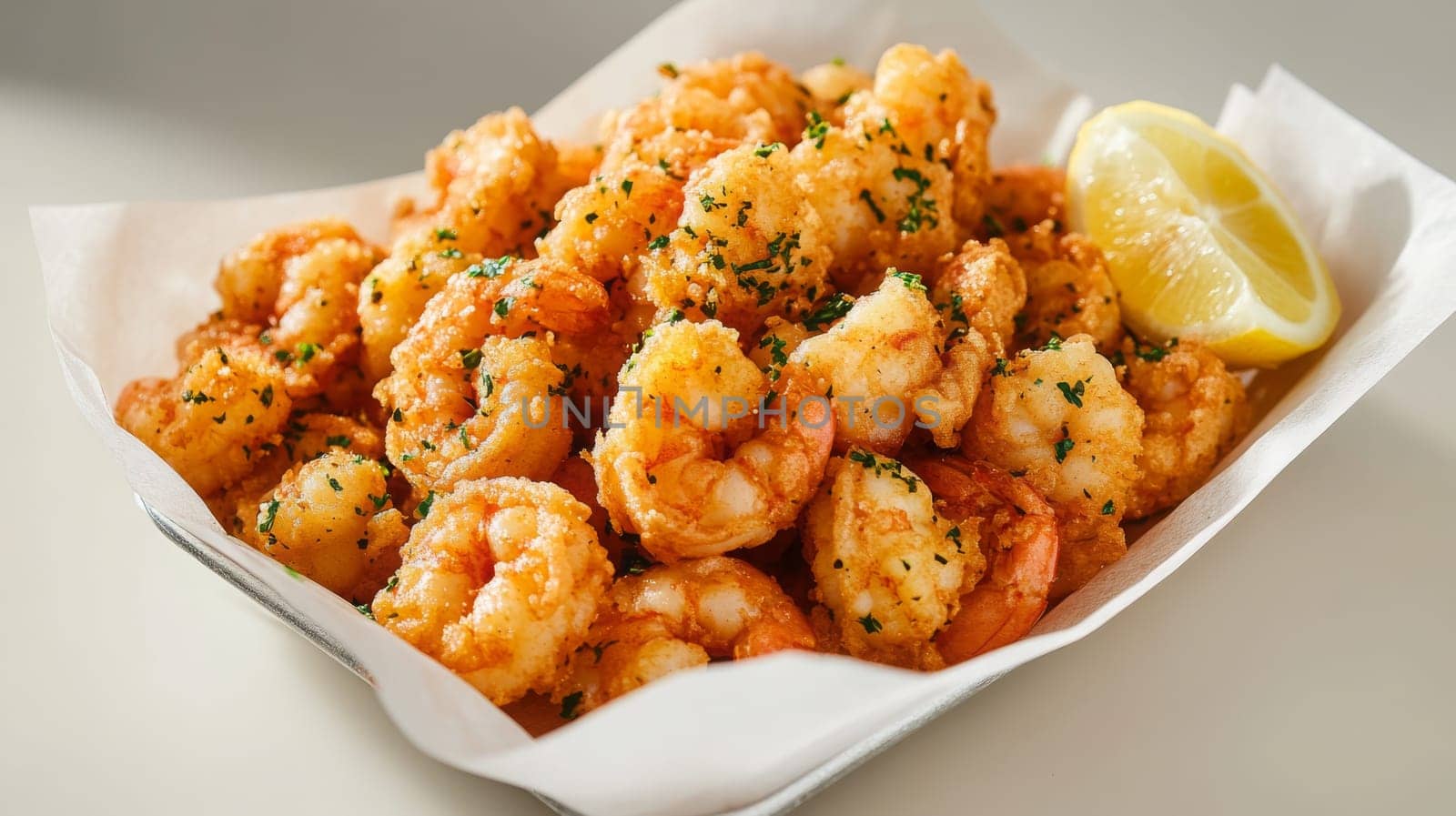 Fried shrimps on a plate with vegetables, Generative AI, food
