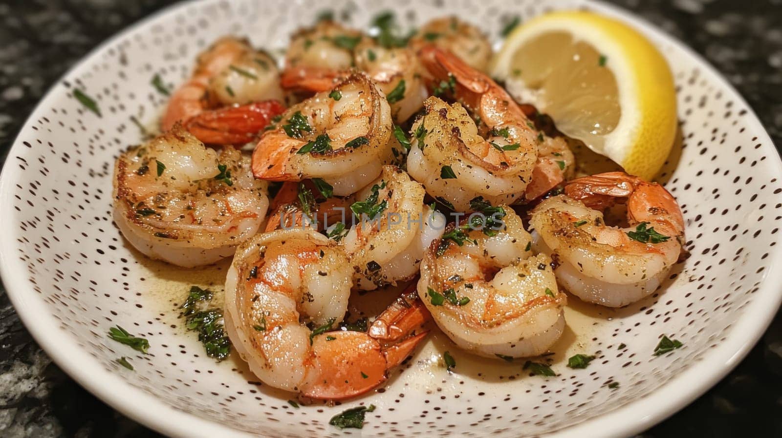 Fried shrimps on a plate with vegetables, Generative AI, food