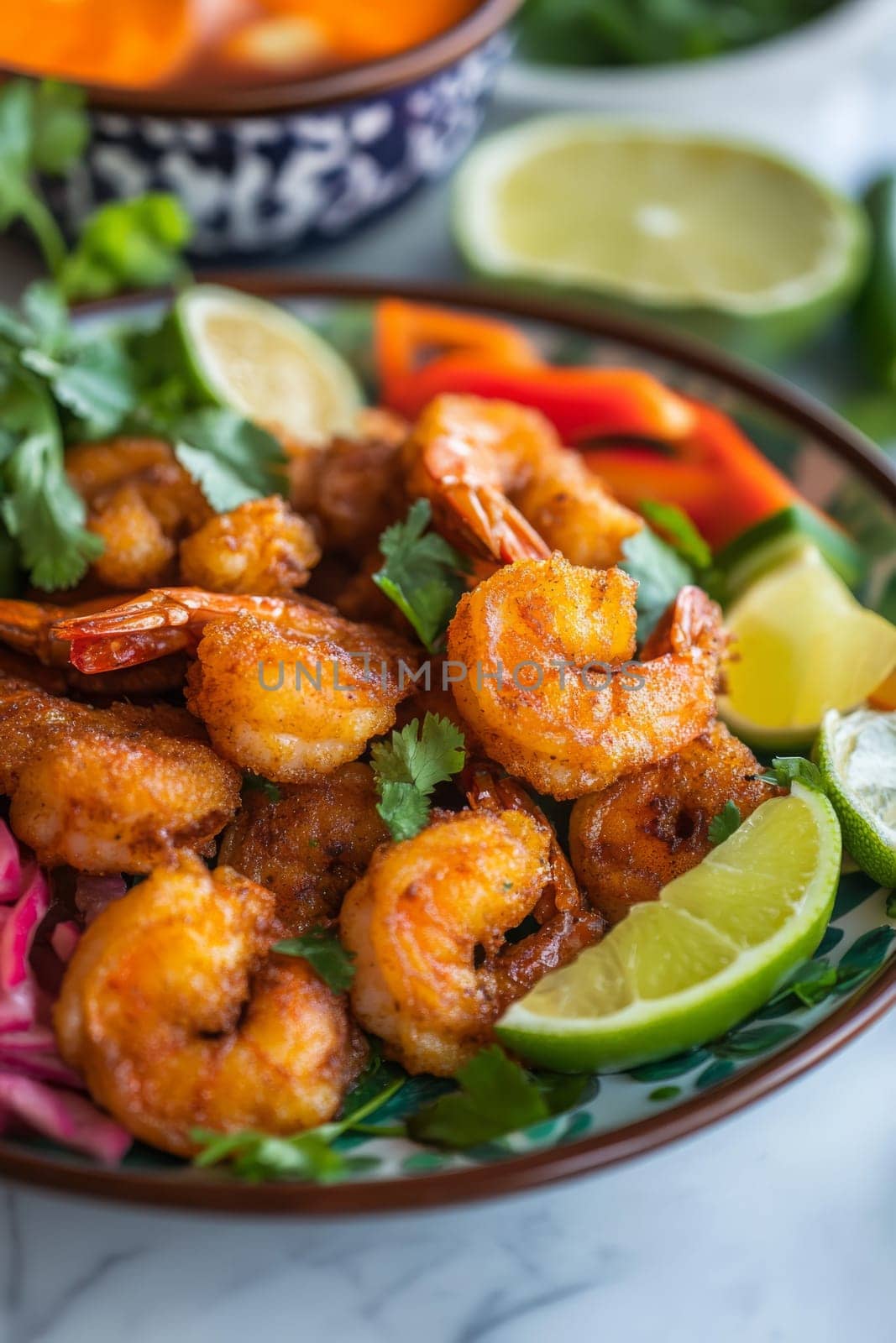 Fried shrimps on a plate with vegetables, Generative AI, food