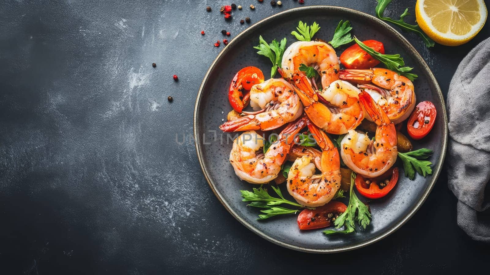 Fried shrimps on a plate with vegetables, Generative AI, food