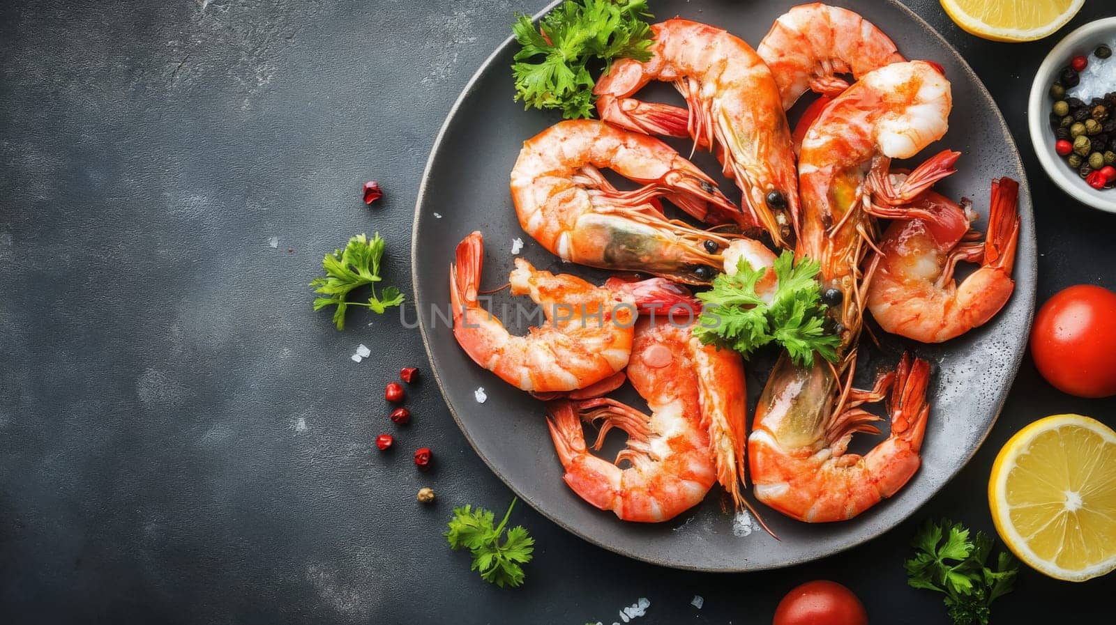 Fried shrimps on a plate with vegetables, Generative AI, food