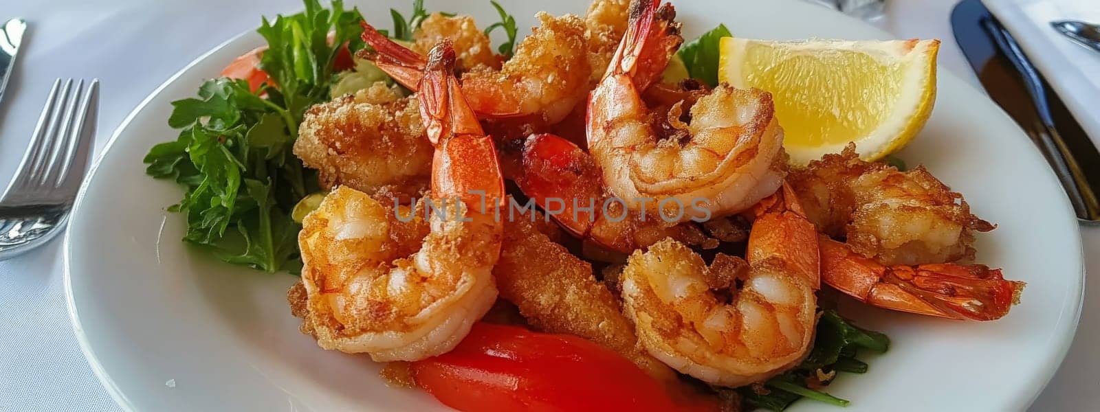 Fried shrimps on a plate with vegetables, Generative AI, food