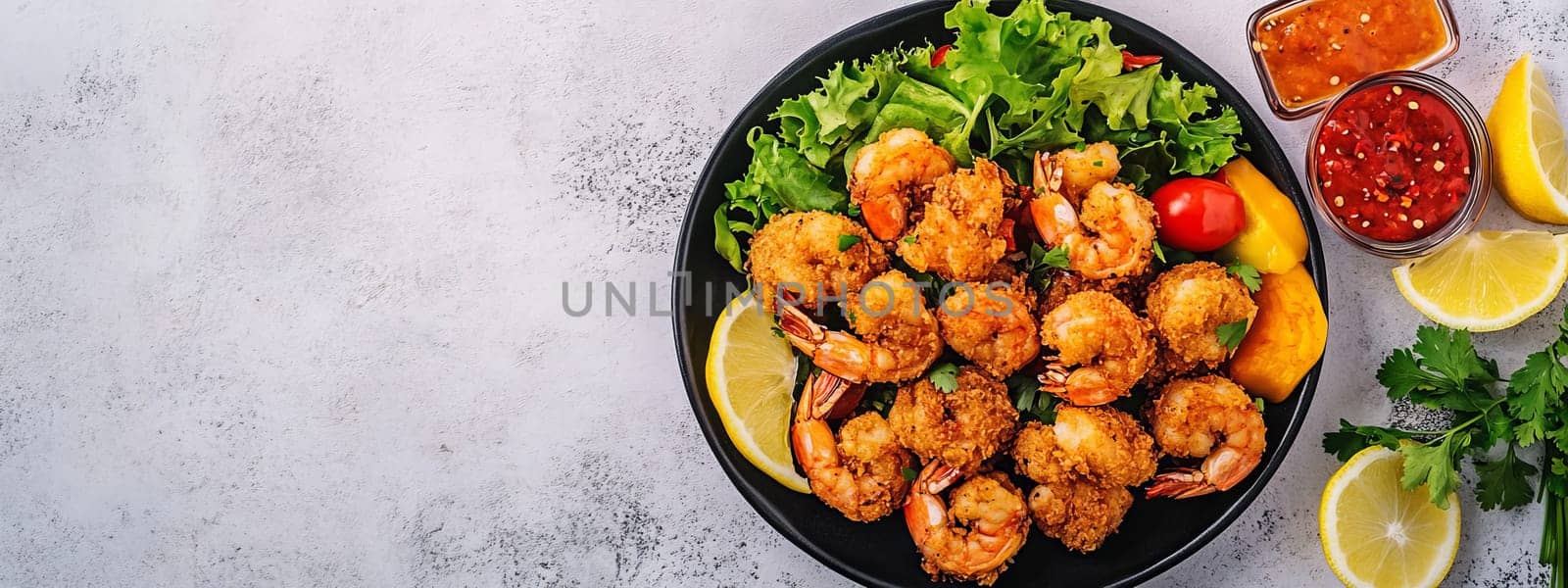Fried shrimps on a plate with vegetables, Generative AI, food