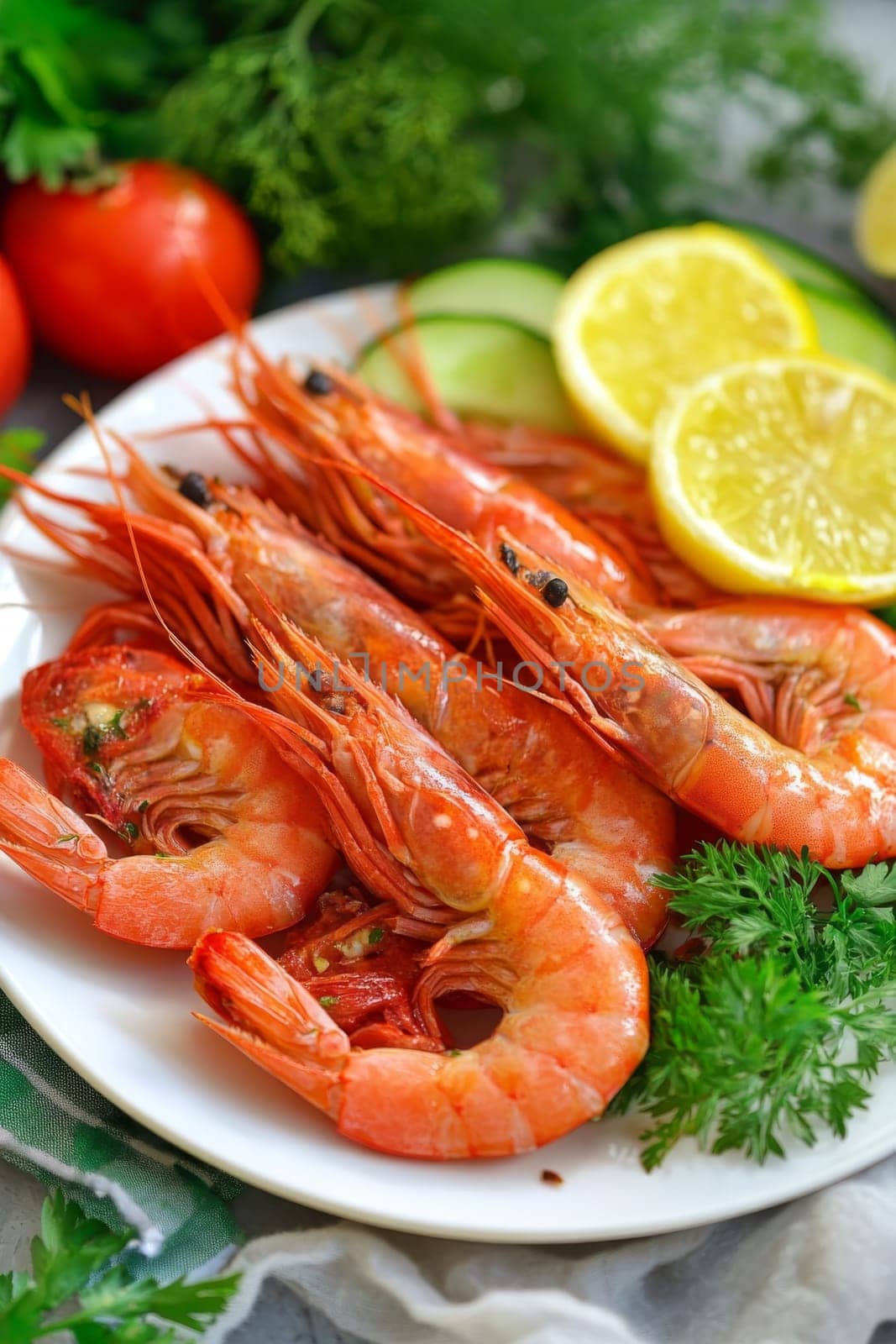 Fried shrimps on a plate with vegetables, Generative AI, food