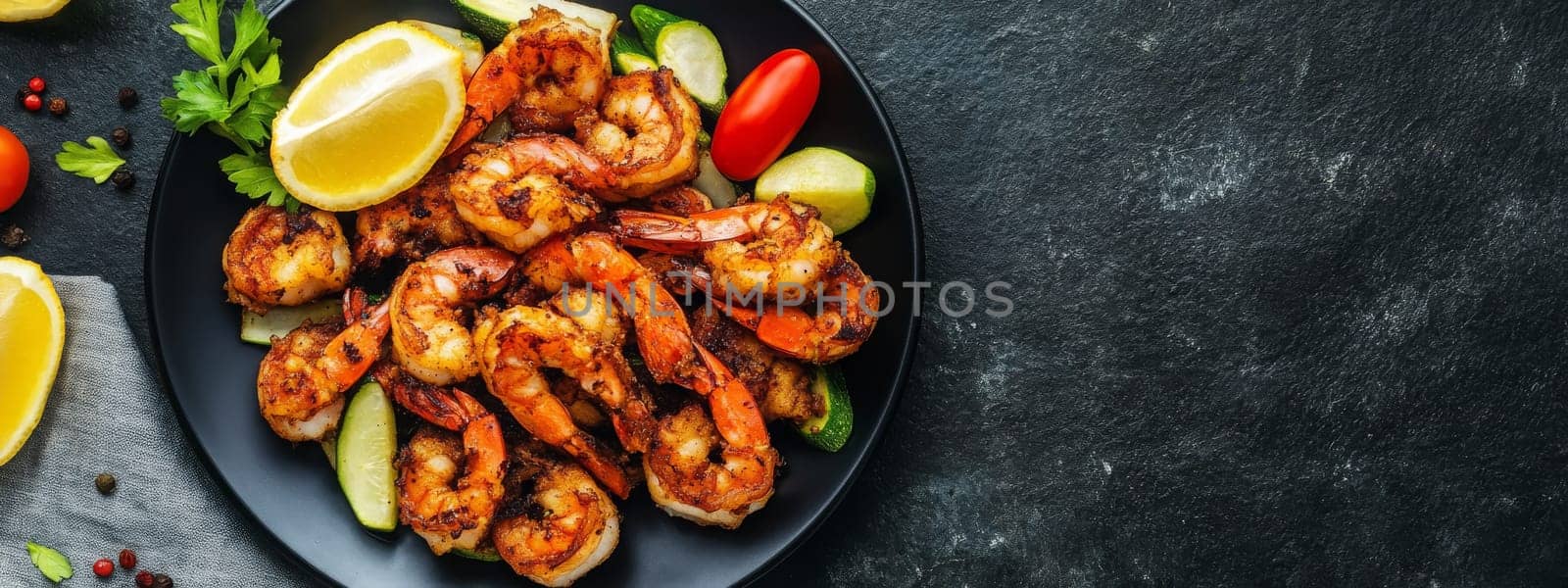 Fried shrimps on a plate with vegetables, Generative AI, food